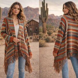 Vintage Southwestern Boho Striped Fringe Cardigan L